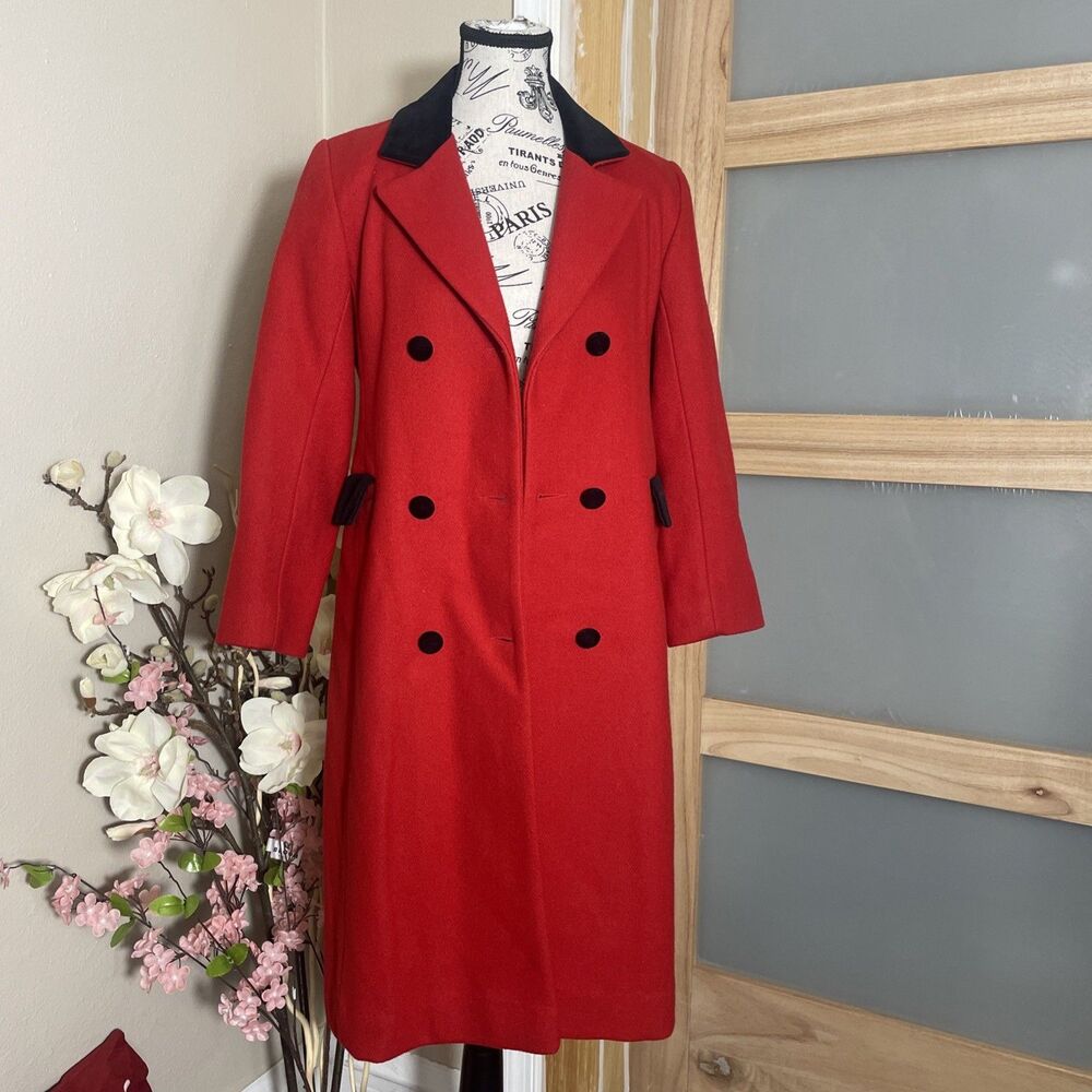 Vintage Red Wool Blend Coat Velvet Collar Double Breasted Rothschild 12 USA